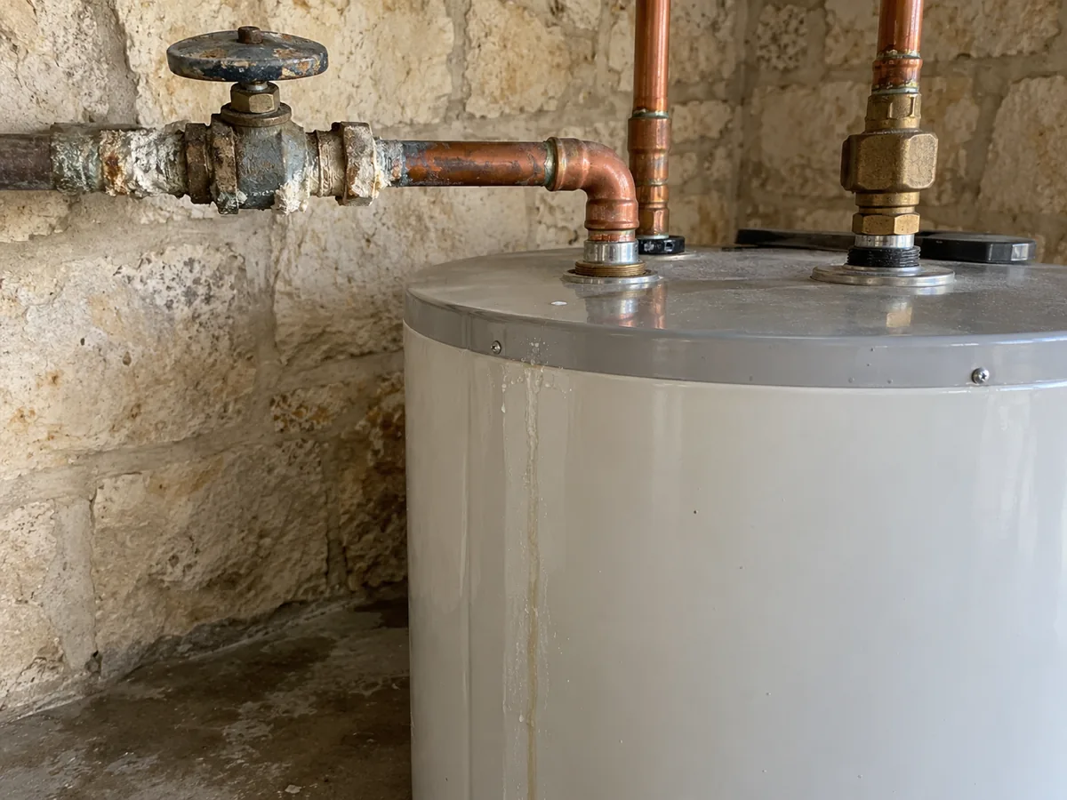 Original cold shut-off and corroded nipples above a replaced water heater in an older San Antonio, TX house
