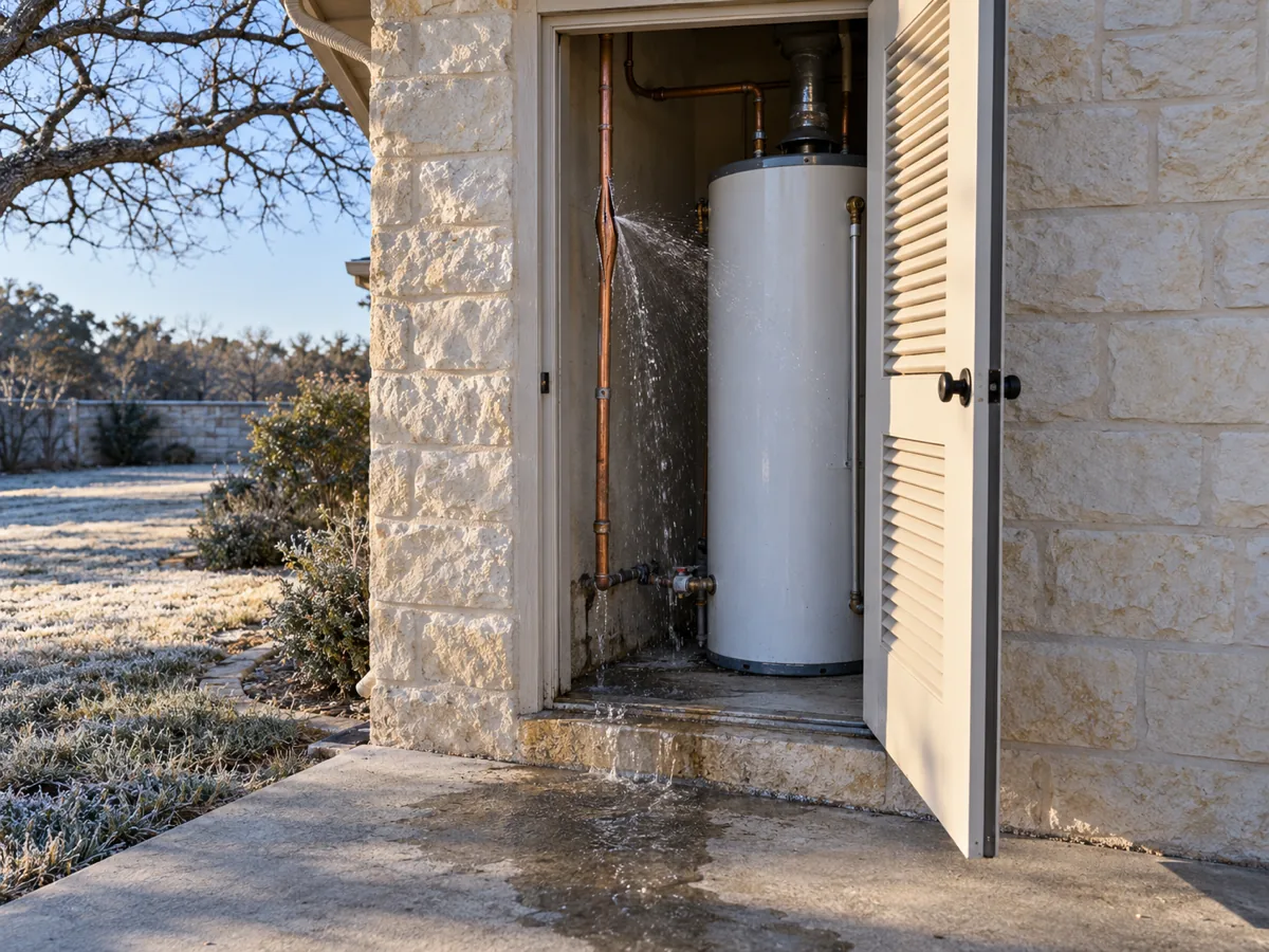 Bare supply line split by a hard freeze in an outside closet feeding the water heater, San Antonio, TX