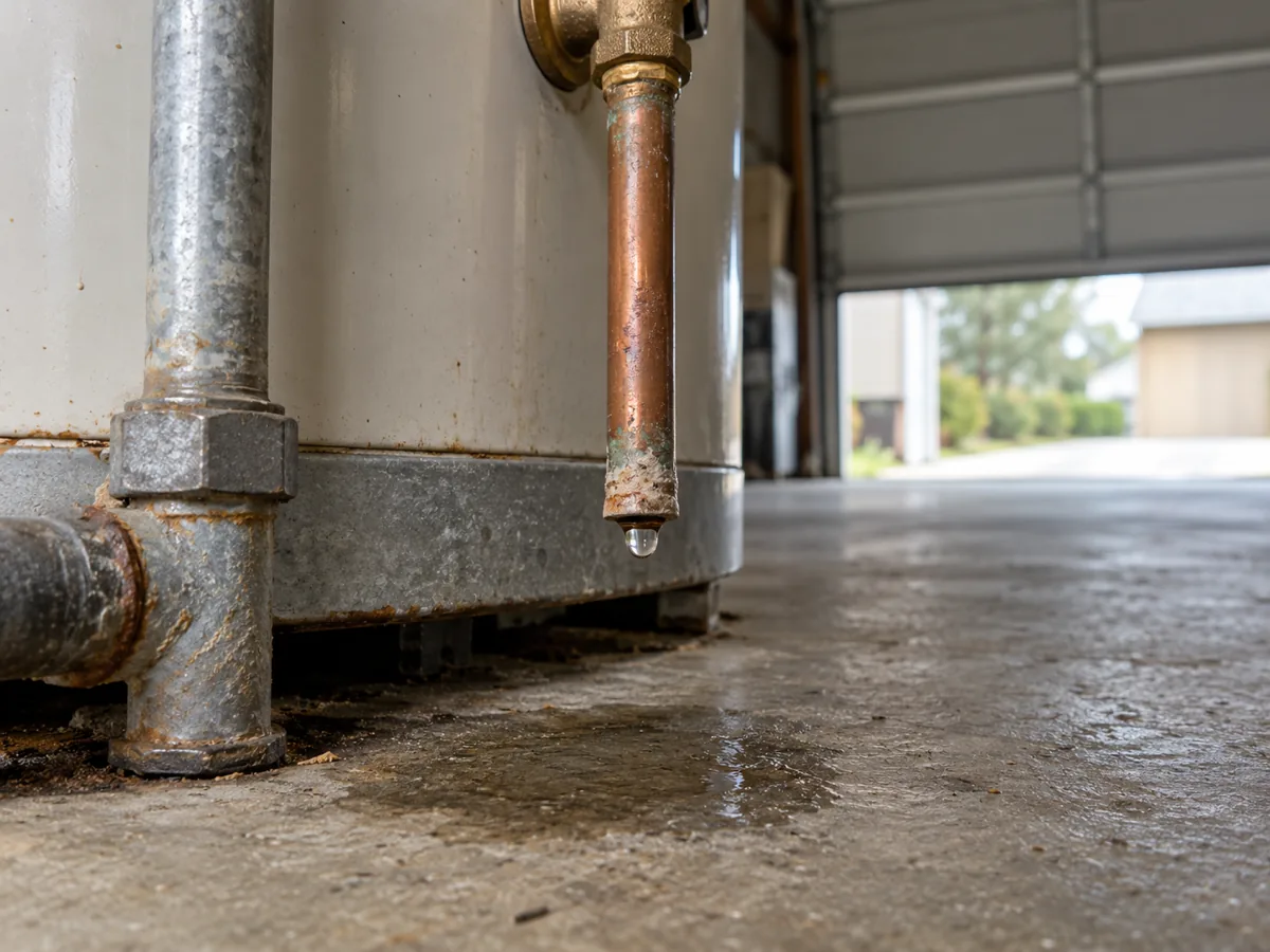 Wet tip on the relief valve pipe running down the side of a water heater, San Antonio, TX garage