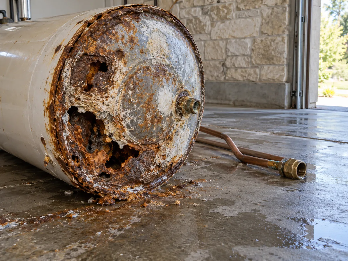 Rusted-through bottom of a water heater tank tipped up after it was drained and disconnected, San Antonio, TX