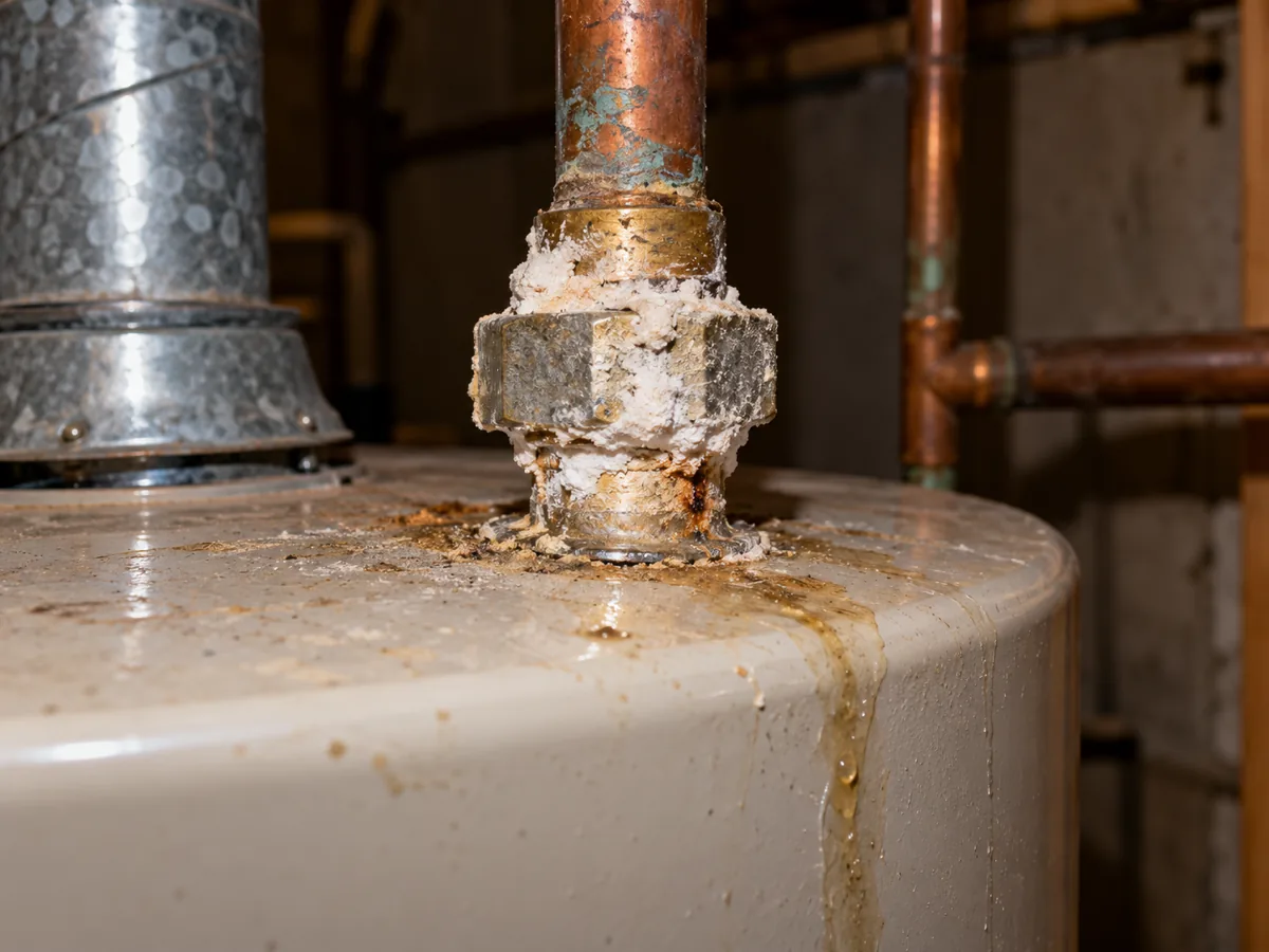 White crust on a dielectric union at the hot outlet of a water heater, water running down the jacket, San Antonio, TX
