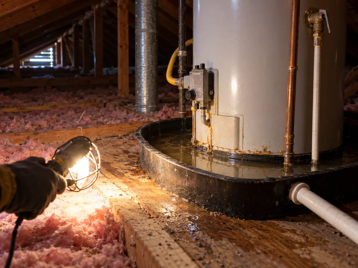 Attic water heater on a plywood platform with water in its drain pan, lit by a work light in a Texas attic