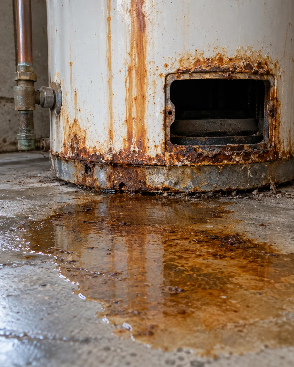 Rust streaks and a rust-stained puddle at the base of a corroded water heater tank on a garage floor