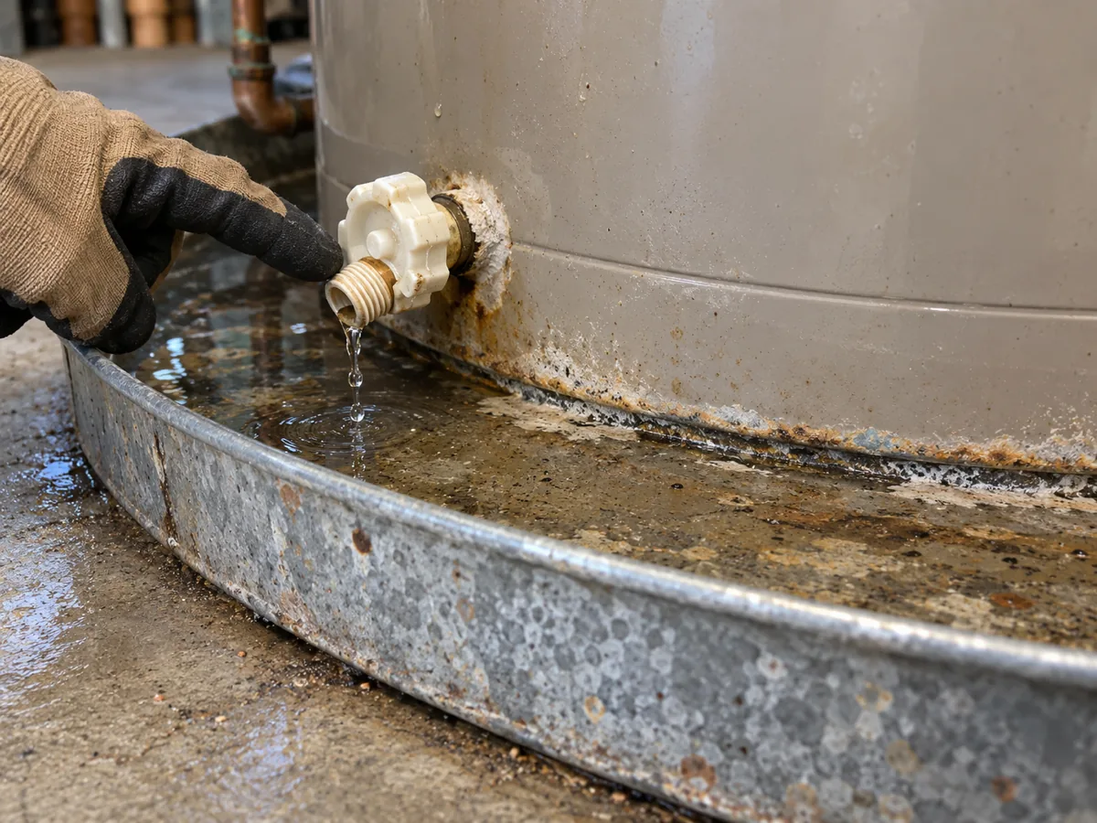 Drain valve at the bottom of a water heater dripping into a metal drain pan holding standing water