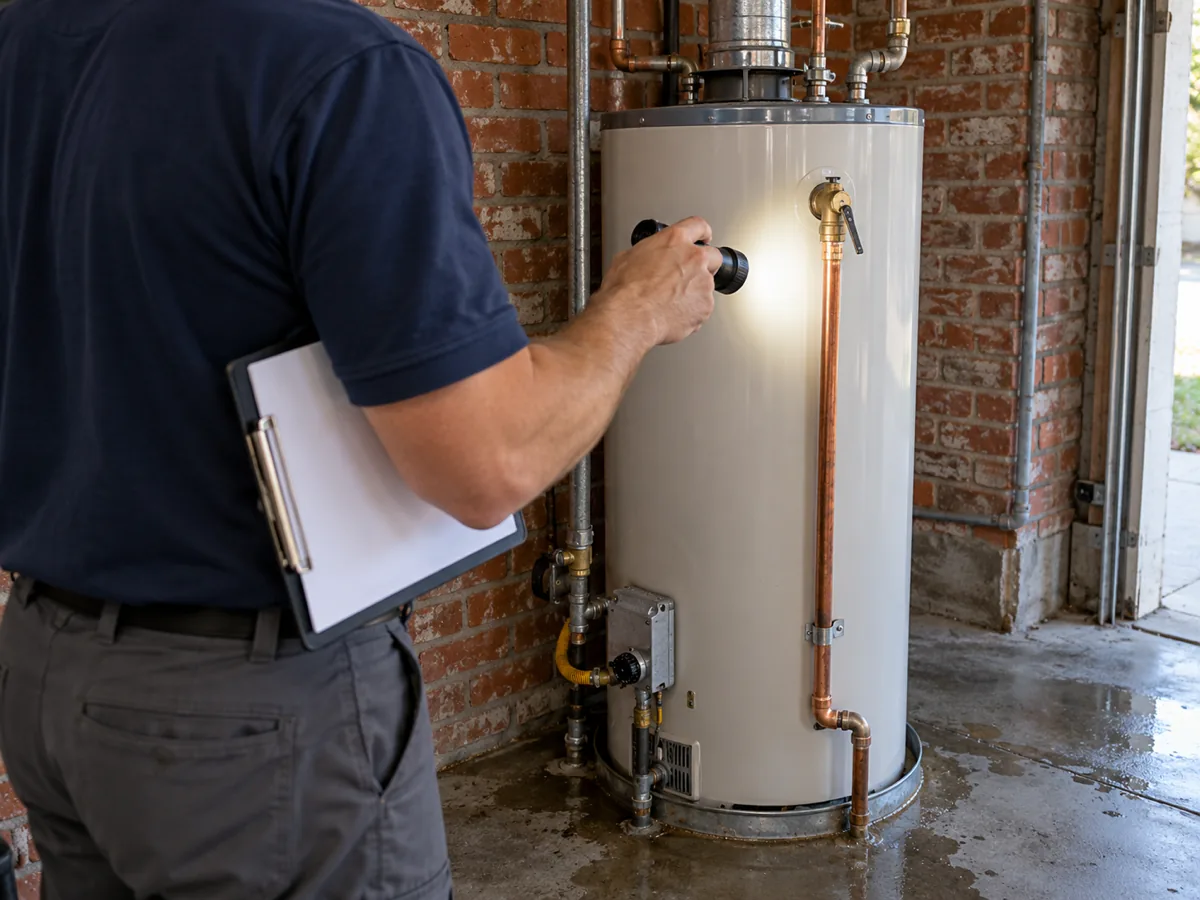 Inspection of a replacement water heater's relief line after a master plumber pulled the city permit