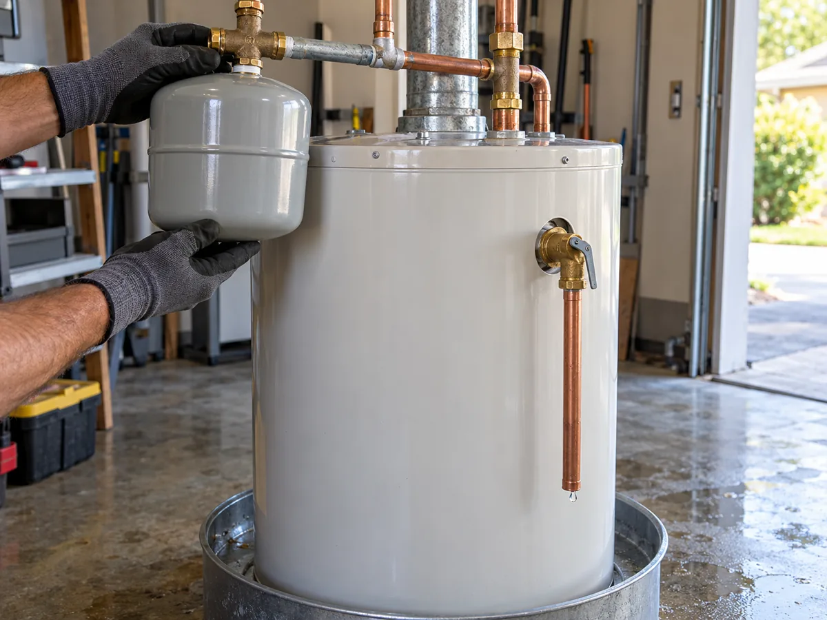 New water heater with a dripping relief valve pipe as an expansion tank is added on the cold supply to correct the pressure