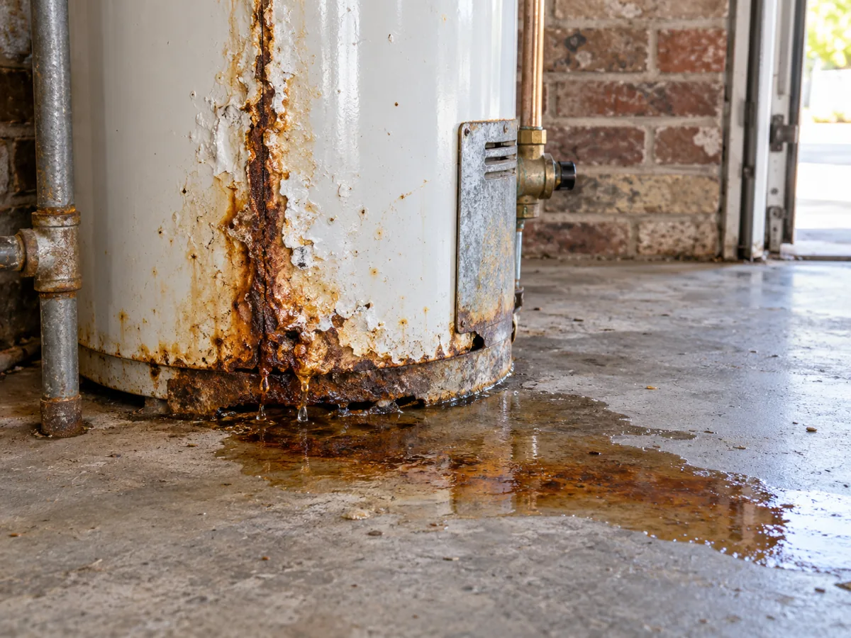 Rust bleeding through the seam of an old water heater tank at its base as the steel shell rusts through
