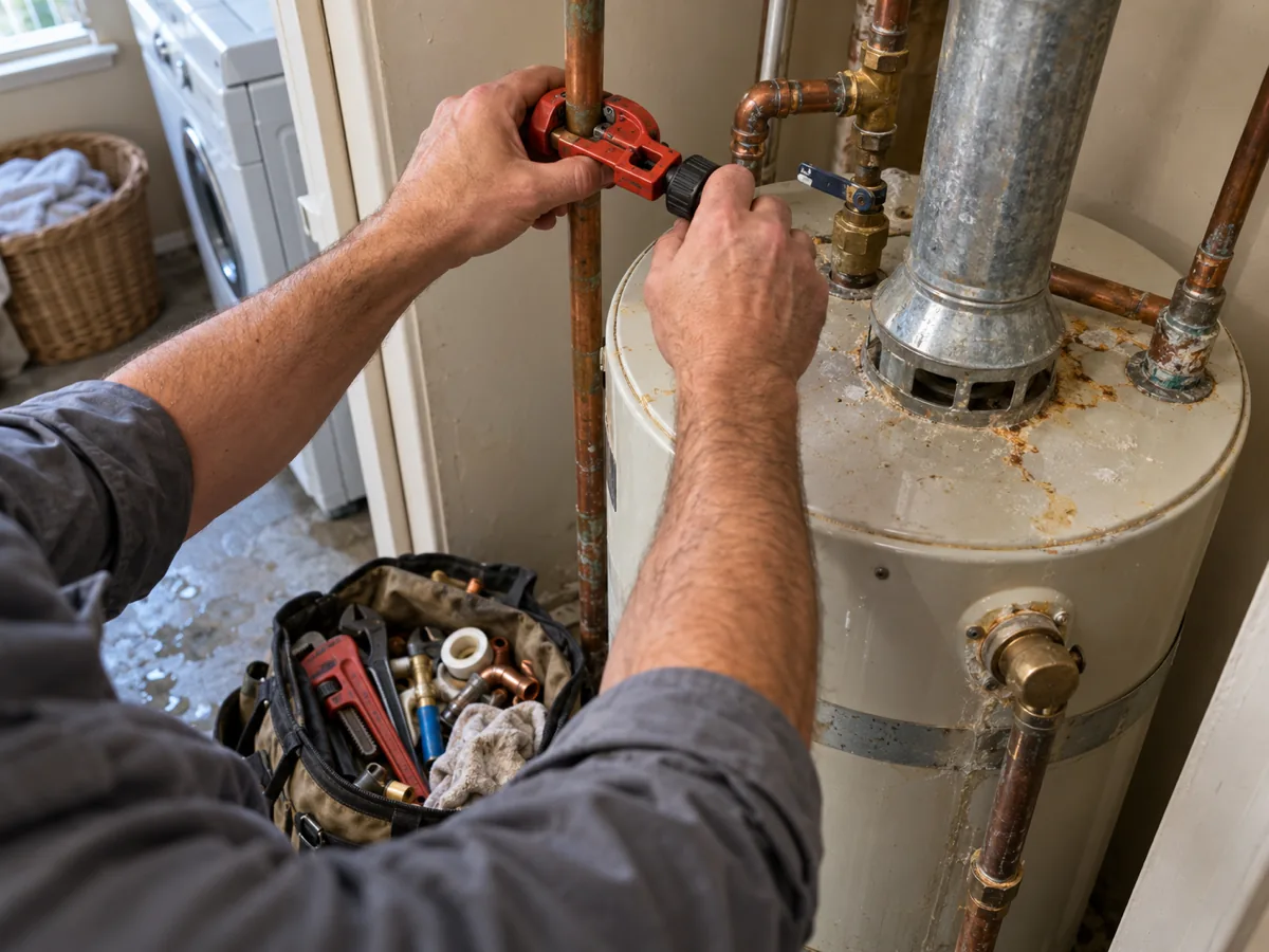 Plumber's hands cutting a copper supply line at a water heater, plumbing work kept under the Texas license law