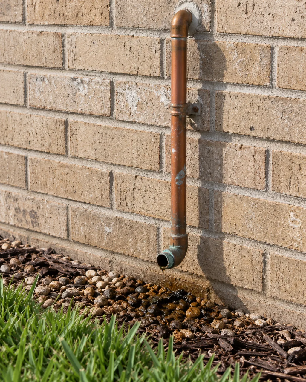 Copper relief valve discharge pipe running down a brick wall and turned down near the ground, as Texas code allows