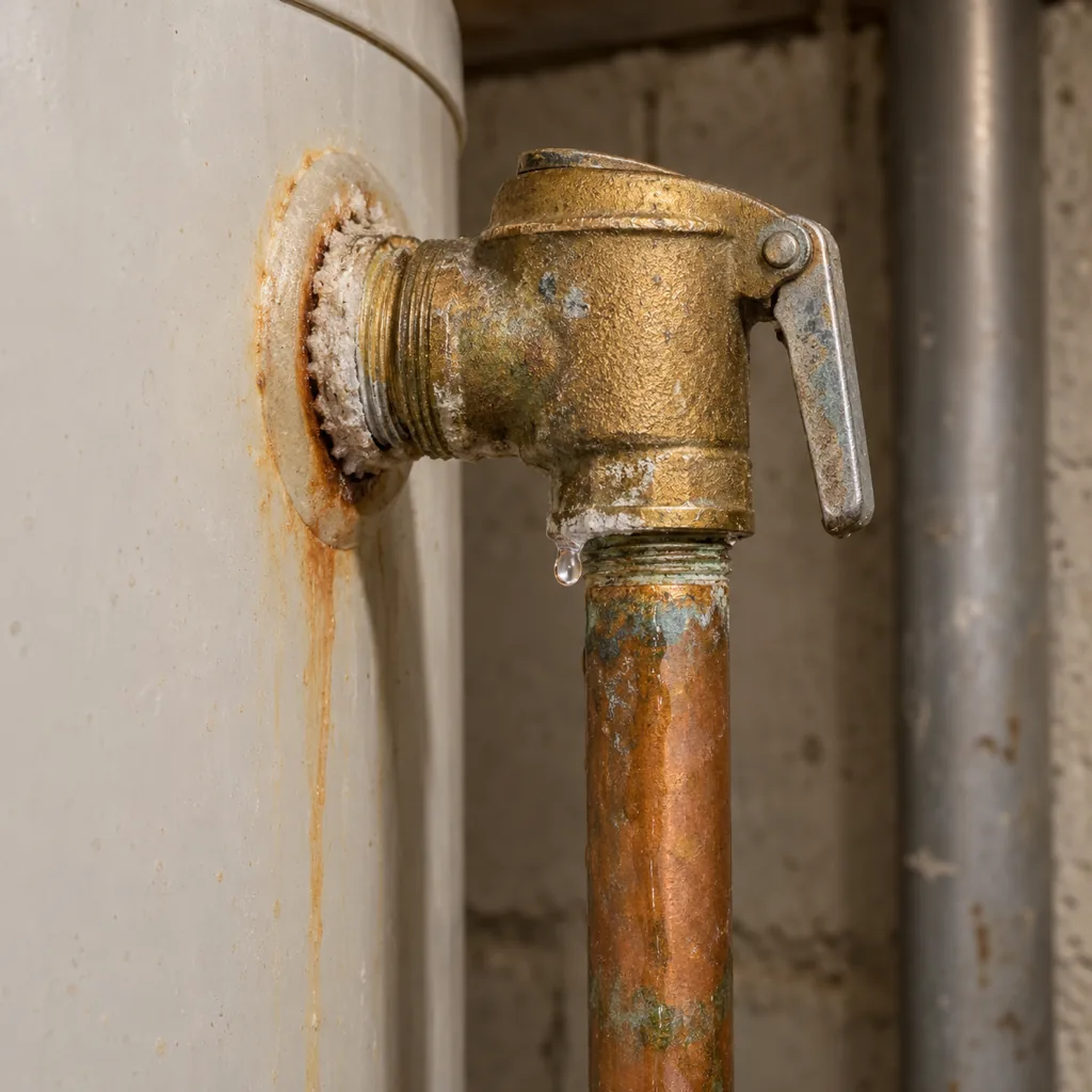 Water dripping from a T&P relief valve and its discharge pipe on the side of a water heater tank
