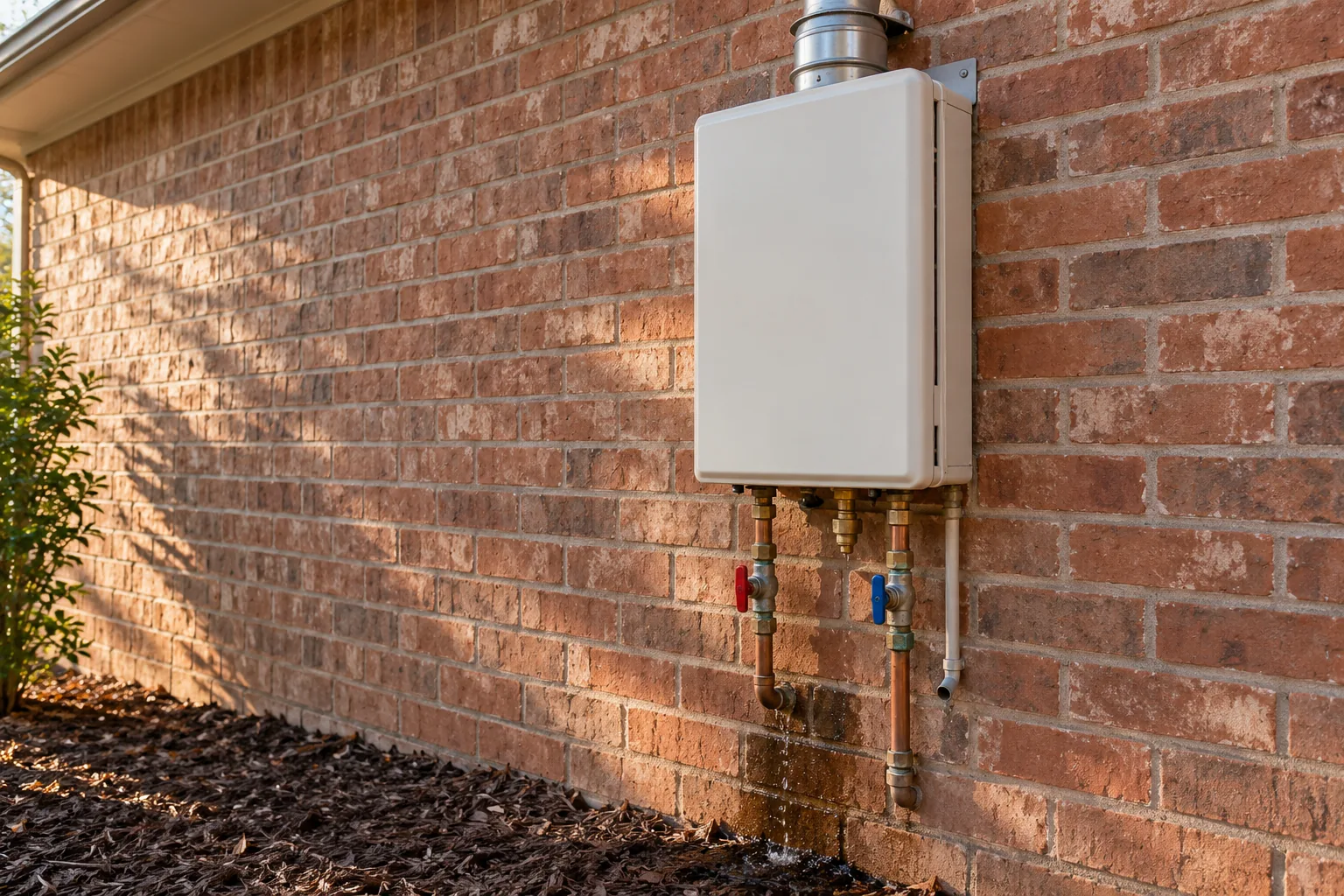 Tankless water heater on an exterior brick wall in Texas with a drip at its pipe connections